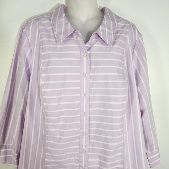 Denim & Co. Womens Shirt Size 1X Stripe Stretch Poplin 3/4 Sleeves Light Orchid - Picture 3 of 9